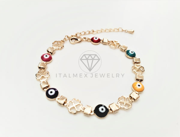 Pulsera de Lujo - 103444 - Diseño Trebol con Ojo Turco Colores Oro Laminado 18K