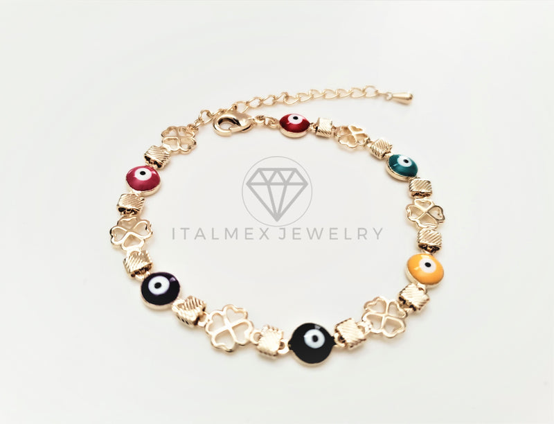 Pulsera de Lujo - 103444 - Diseño Trebol con Ojo Turco Colores Oro Laminado 18K
