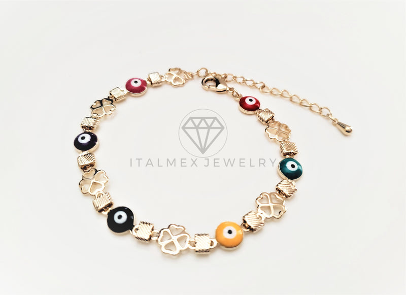 Pulsera de Lujo - 103444 - Diseño Trebol con Ojo Turco Colores Oro Laminado 18K