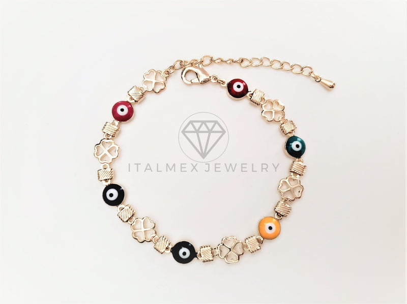 Pulsera de Lujo - 103444 - Diseño Trebol con Ojo Turco Colores Oro Laminado 18K