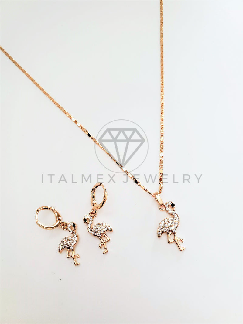 Juego de Lujo - 103458 - Diseño de Flamingos CZ Clara Oro Laminado 18K