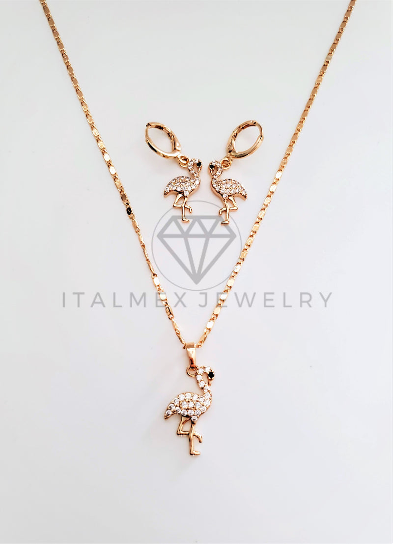 Juego de Lujo - 103458 - Diseño de Flamingos CZ Clara Oro Laminado 18K