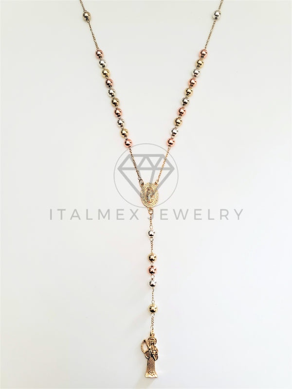 Rosario de Lujo - 103470 - Estilo Clásico con Medalla Santa Muerte Oro Laminado 18K