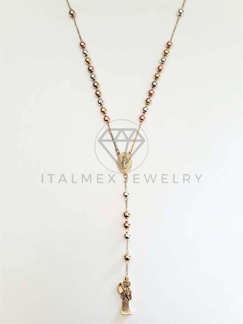 Rosario de Lujo - 103470 - Estilo Clásico con Medalla Santa Muerte Oro Laminado 18K