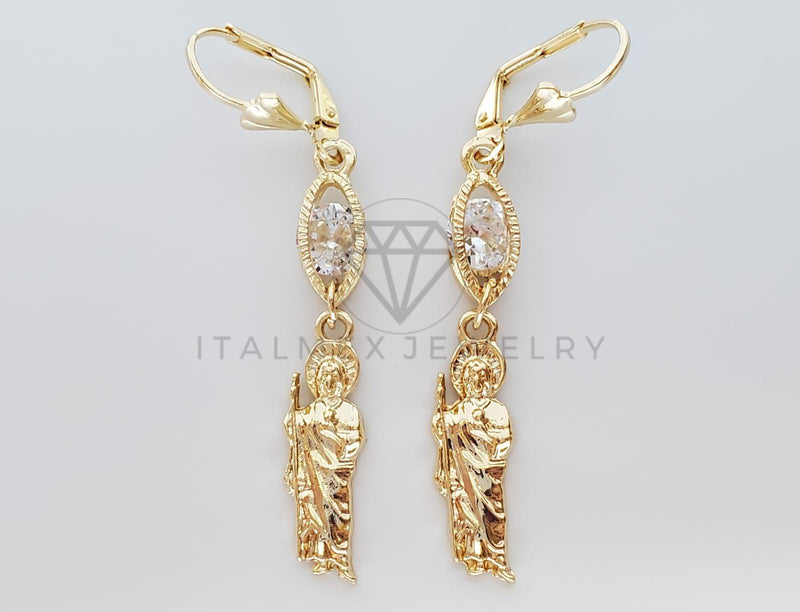 Arete Elegante - 100753 - Diseño de San Judas con CZ Clara Oro Laminado 18K