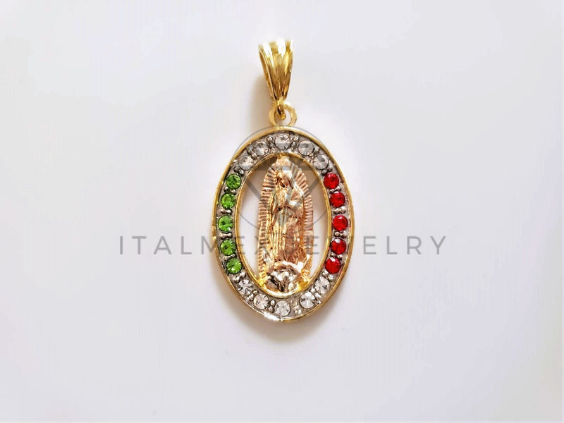 Dije Elegante - 104167 - Medalla Virgen Guadalupe Circonia Tricolor Oro Laminado 18K
