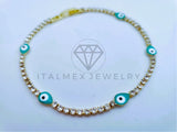 Pulsera Elegante - 103579 - Pulsera Tira CZ Clara y Ojo Turco Azul Oro Laminado 18K