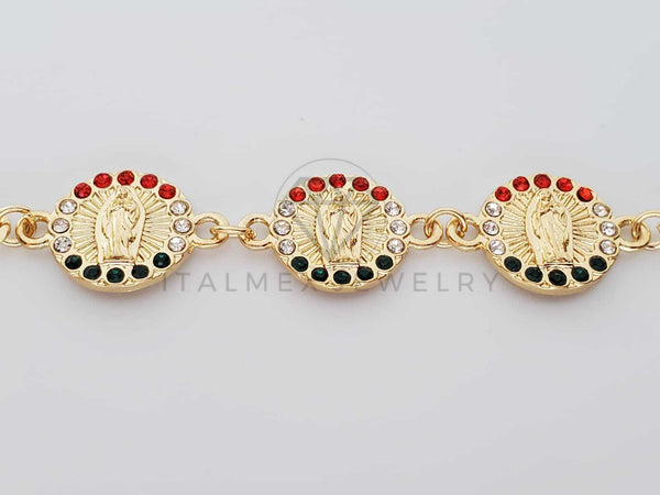 Pulsera Elegante - 100219 - Diseño de Moneda de la Virgen de Guadalupe Con CZ Tricolor Oro Laminado 18K