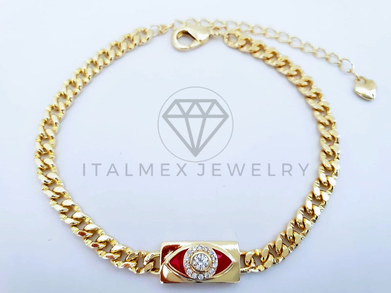 Pulsera Elegante - 103600 - Pulsera Placa Ojo Turco Rojo con Circonia Oro Laminado 18K