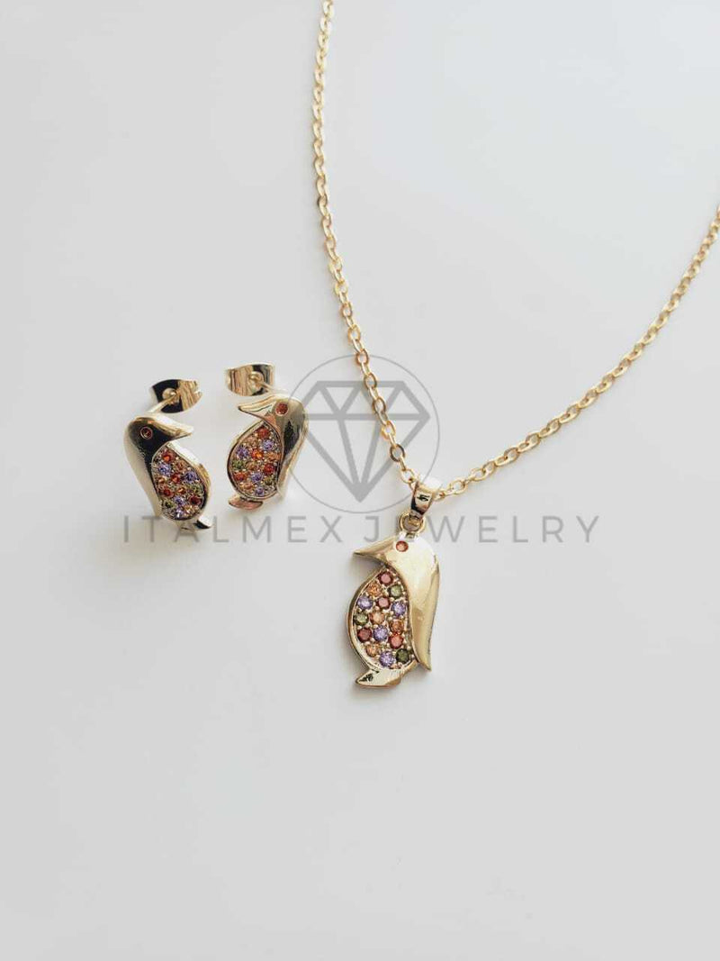 Juego de Lujo - 102131 - Diseño de Pingüinos CZ Color Oro Laminado 18K