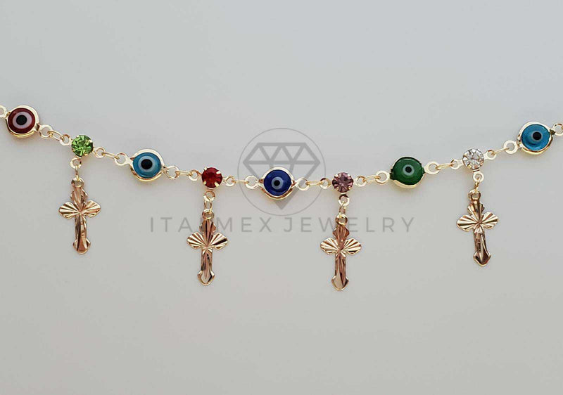 Tobillera Ajustable - 100133 - Diseño de Cristo y Ojo Turco Oro Laminado 18K