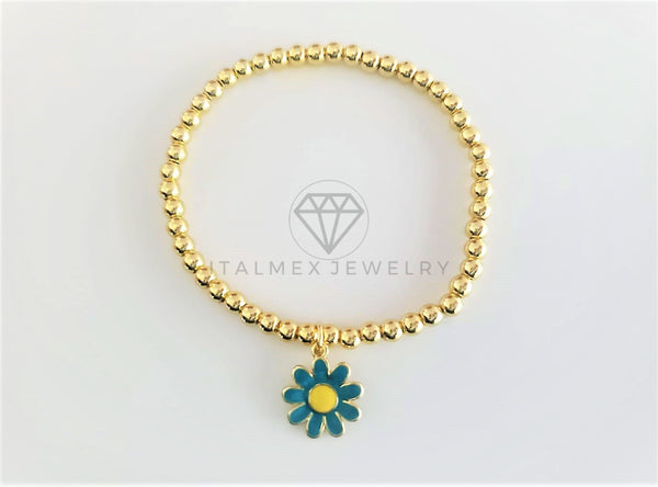 Pulsera de Lujo - 103118 - Diseño Bolitas con Girasol Azul Oro Laminado 18K