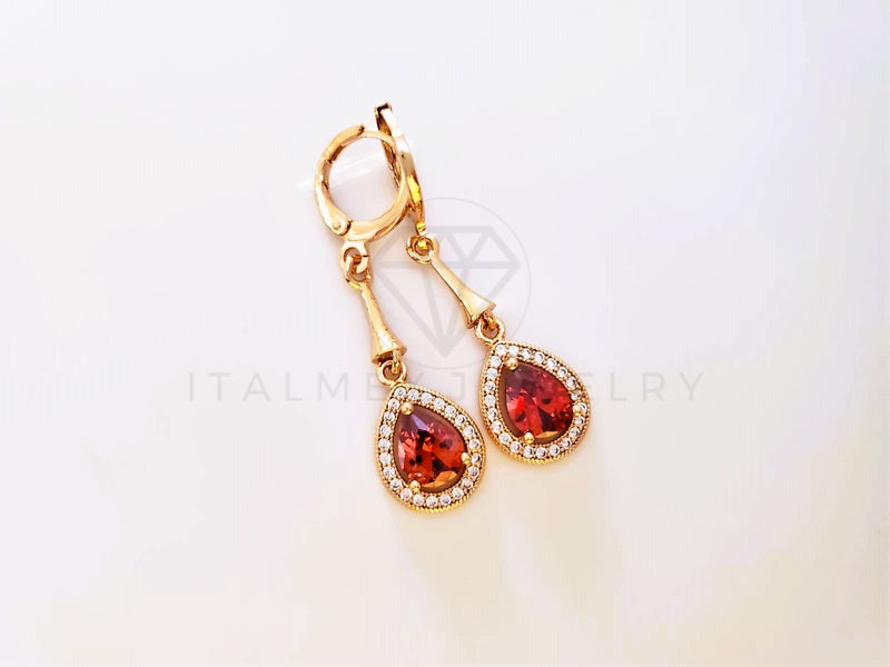 Arete de Lujo - 104034 - Estilo Gota CZ Roja Oro Laminado 18K