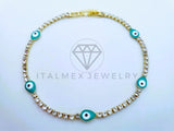 Pulsera Elegante - 103579 - Pulsera Tira CZ Clara y Ojo Turco Azul Oro Laminado 18K