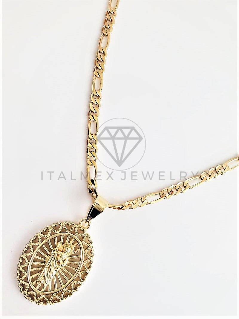 Dije Religioso - 102776 - Medalla de San Judas Diamantada con Bisel de Corazones Tamaño Mediano Oro Laminado 18K