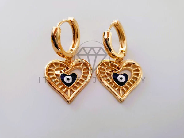 Arete de Lujo - 104641 - Huggie de Corazon y Ojo Turco Oro Laminado 18K