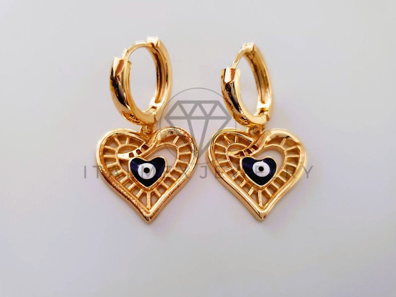 Arete de Lujo - 104641 - Huggie de Corazon y Ojo Turco Oro Laminado 18K