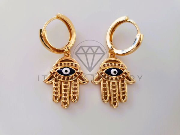 Arete de Lujo - 104630 - Huggie Mano Hamsa y Ojo Turco Oro Laminado 18K