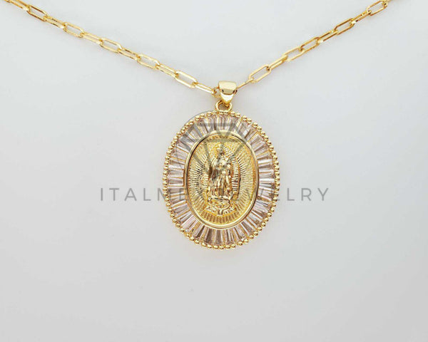 Collar Elegante - 101573 - Collar Medalla Virgen Guadalupe CZ Clara Oro Laminado 18K