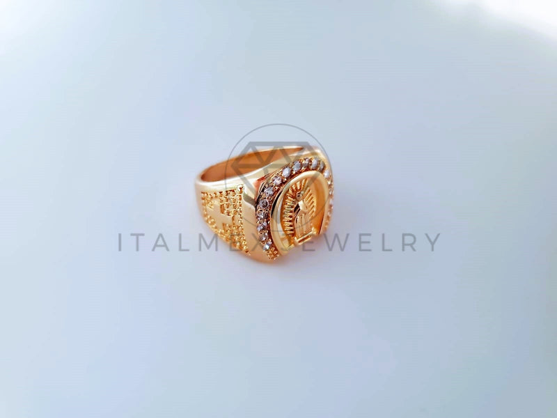 Anillo Caballero de Lujo - 103930 - Diseño Herradura y Virgen CZ Clara Oro Laminado 18K