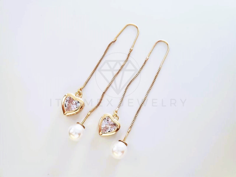 Arete de Lujo - 104024 - Estilo Violador Corazón CZ Clara y Perla Oro Laminado 18K