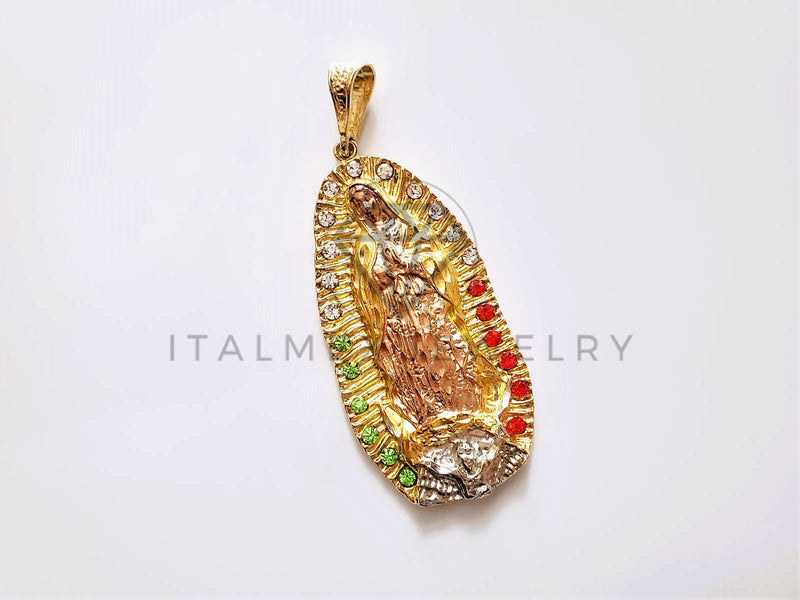 Dije Religioso - 104181 - Virgen de Guadalupe Circonia Tricolor Oro Laminado 18K