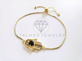 Pulsera de Lujo - 103720 - Diseño Ajustable Mano Hamsa CZ Azul Oro Laminado 18K