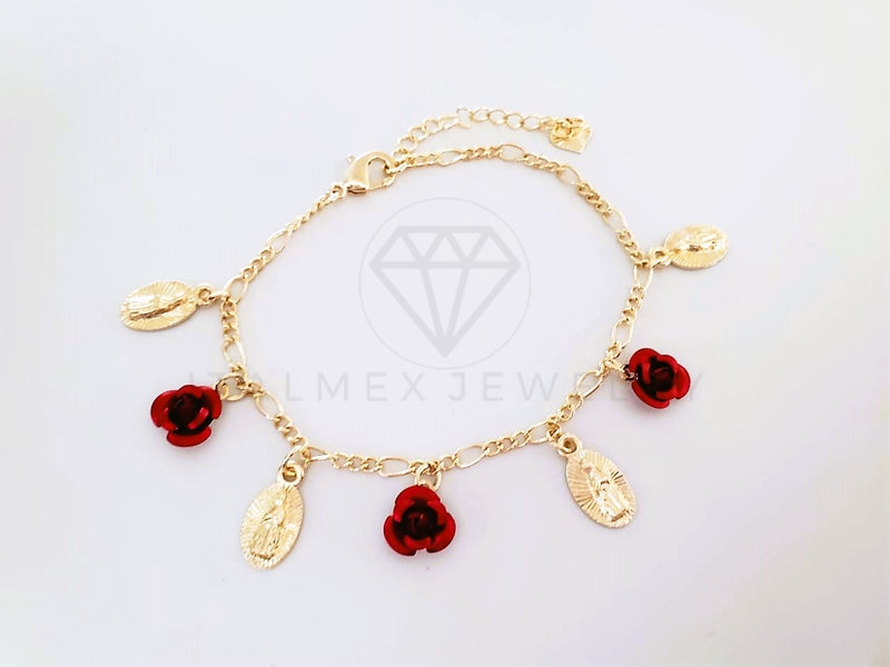 Pulsera Elegante - 103996 - Pulsera Medallas Virgen de Guadalupe y Rosas Rojas Oro Laminado 18K