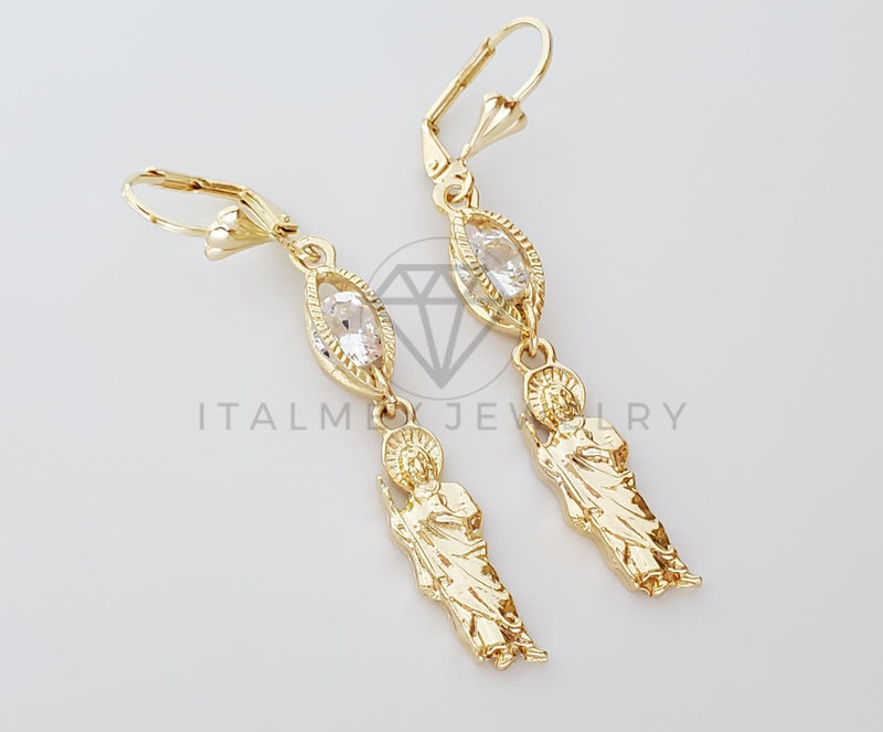 Arete Elegante - 100753 - Diseño de San Judas con CZ Clara Oro Laminado 18K