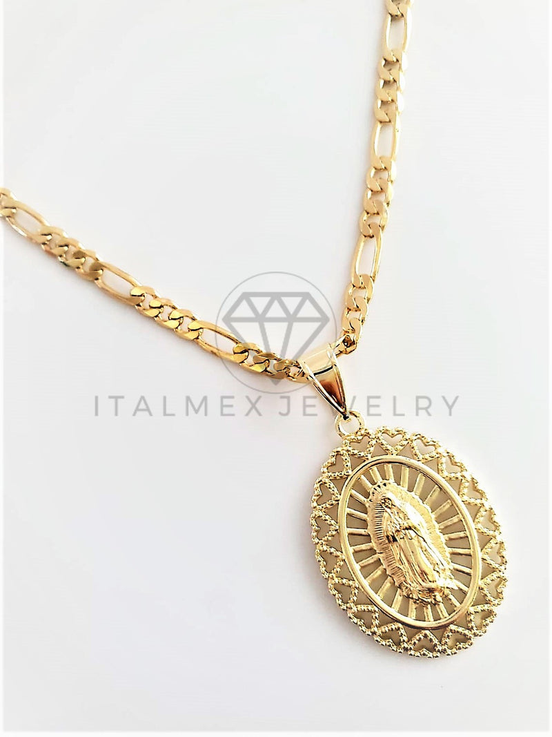 Dije Religioso - 102777 - Medalla de Virgen de Guadalupe con Bisel de Corazones Tamaño Mediano Oro Laminado 18K