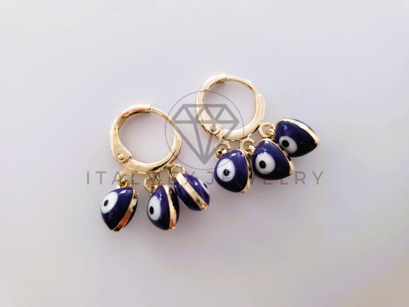 Arete de Lujo - 104639 - Huggie Ojo Turco Corazones Azules Oro Laminado 18K