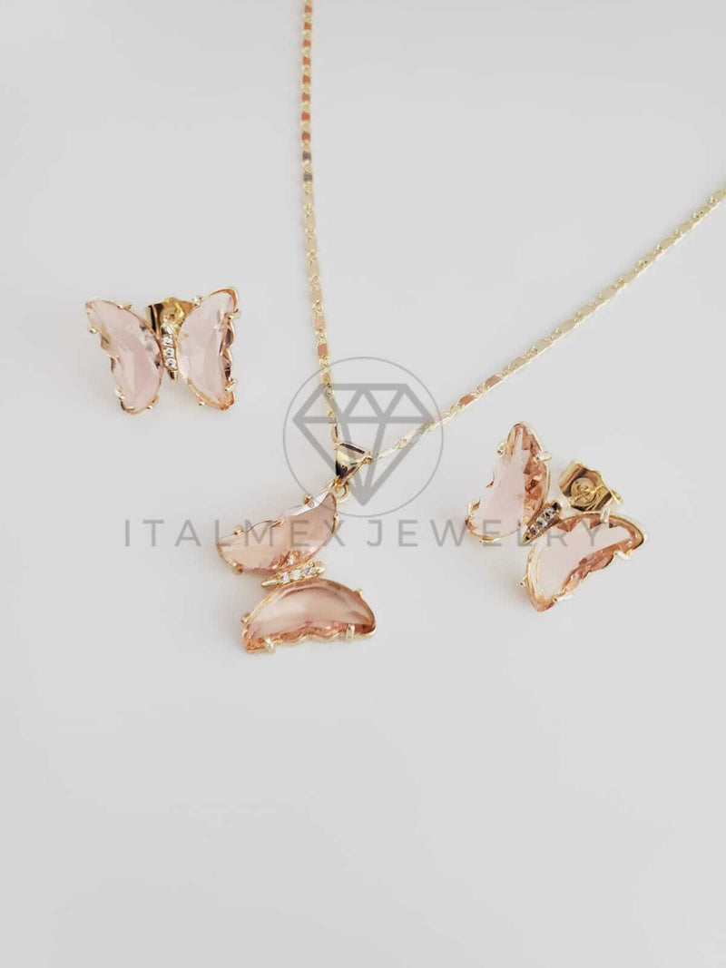 Juego de Lujo - 102408 - Diseño de Mariposas CZ Rosa Claro Oro Laminado 18K