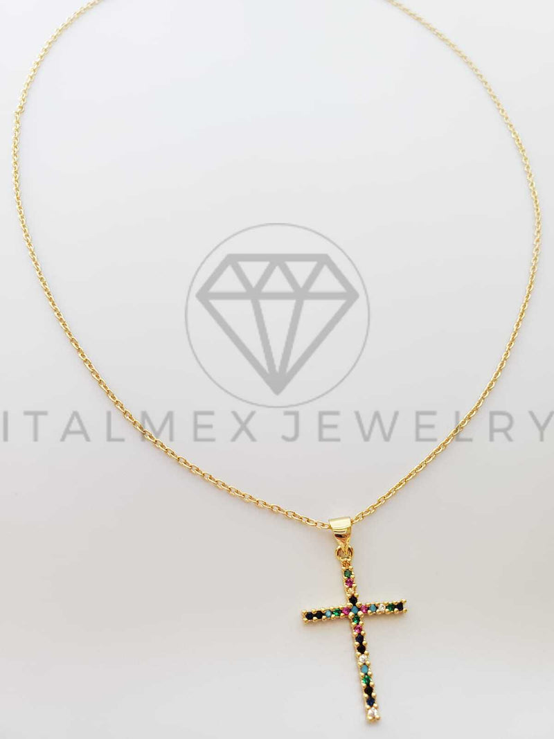Collar Elegante - 100608 - Cruz con CZ Colores 20" Dorado Oro Laminado 18K
