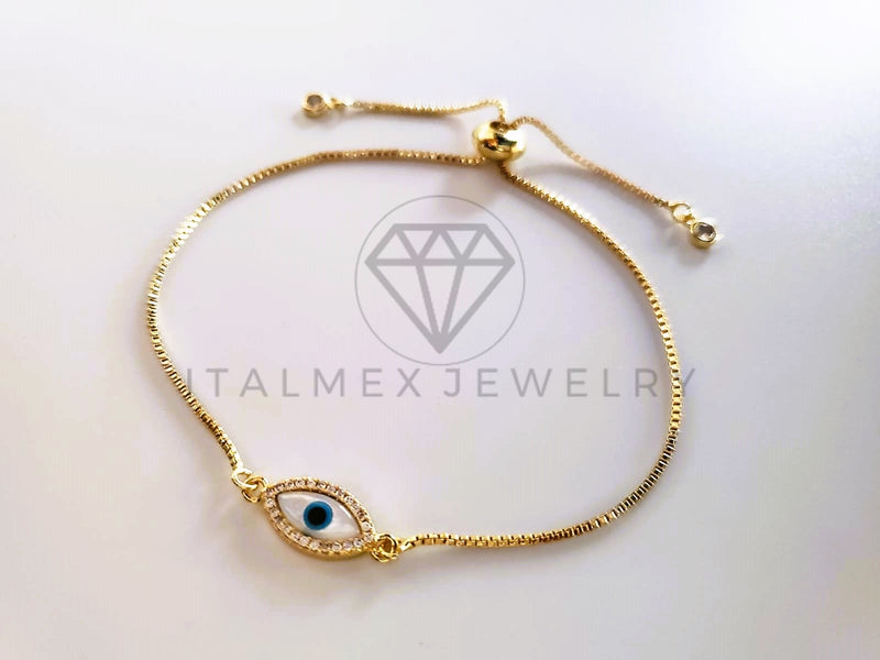 Pulsera de Lujo - 103728 - Diseño Ajustable Ojo Turco Perla Madre CZ Clara Oro Laminado 18K
