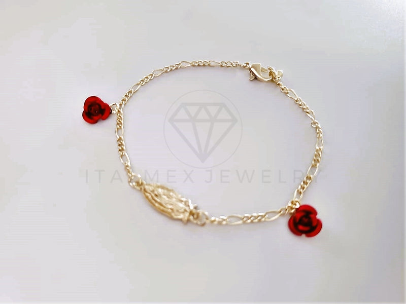 Pulsera Elegante - 103995 - Pulsera Virgen de Guadalupe y Rosas Rojas Oro Laminado 18K