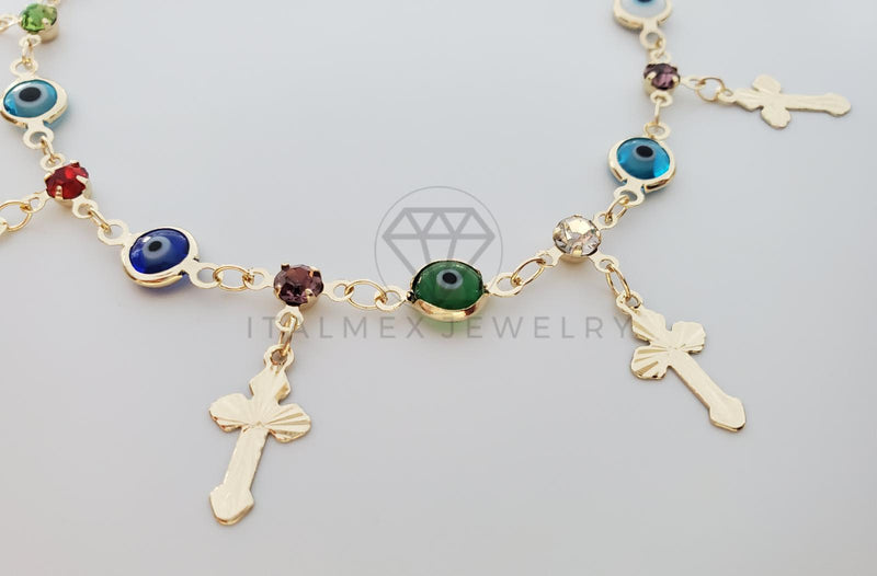 Tobillera Ajustable - 100133 - Diseño de Cristo y Ojo Turco Oro Laminado 18K