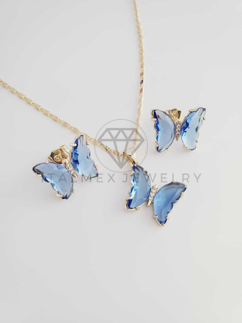 Juego de Lujo - 102407 - Diseño de Mariposas CZ Azul Cielo Oro Laminado 18K