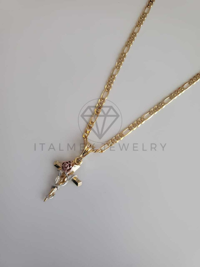 Dije Religioso - 102267 - Dije Cruz con Rosa 3 Oros Oro Laminado 18K