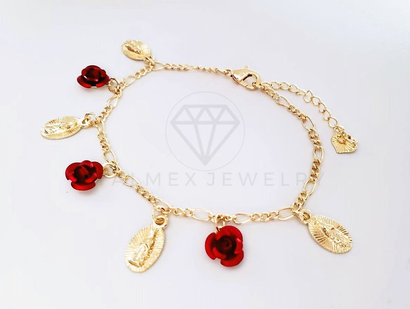 Pulsera Elegante - 103996 - Pulsera Medallas Virgen de Guadalupe y Rosas Rojas Oro Laminado 18K