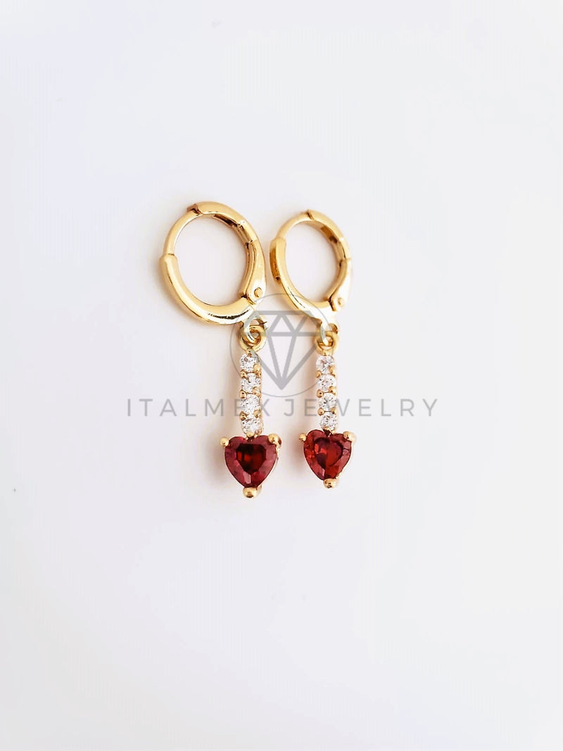 Arete de Lujo - 103518 - Diseño Tira y Corazon CZ Roja Oro Laminado 18K