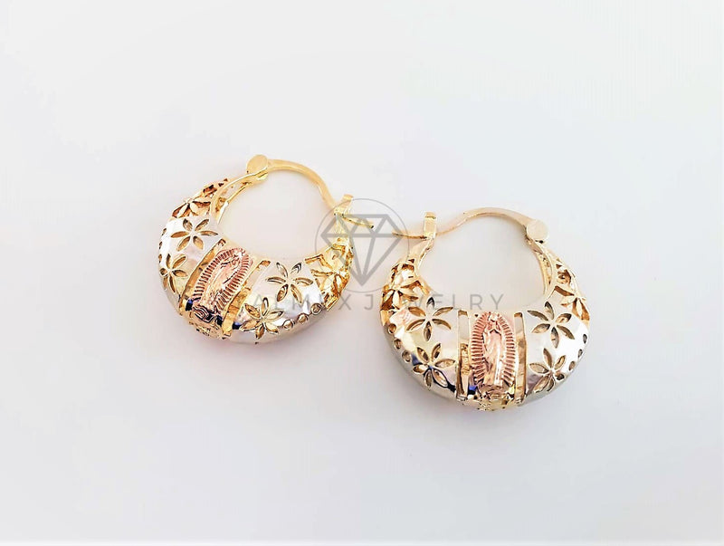 Arete Elegante - 102890 - Estilo Canasta Virgen de Guadalupe y Flores Oro Laminado 18K