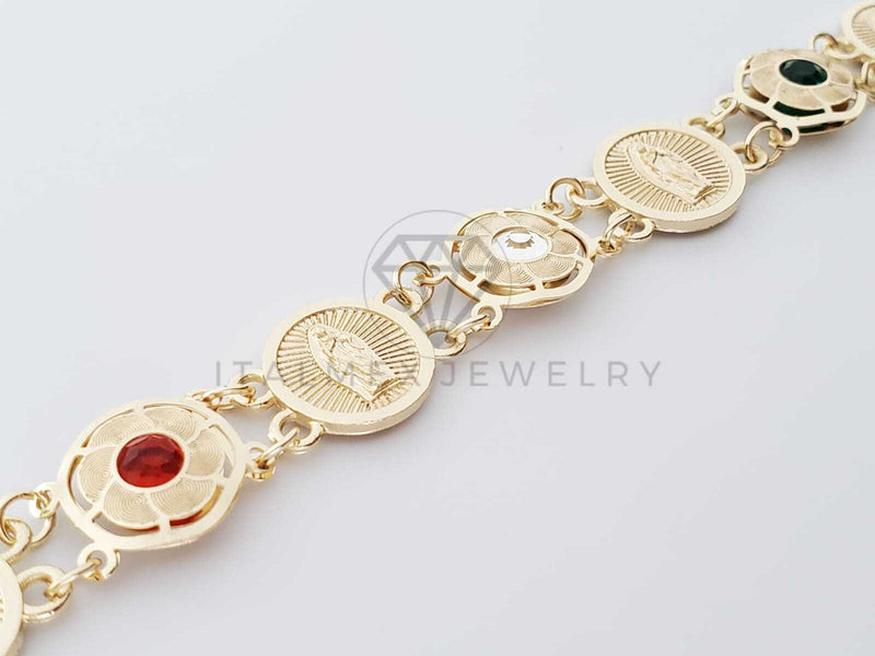 Pulsera de Lujo - 100242 - Diseño de Moneda de la Virgen de Guadalupe Con CZ Biselada Tricolor Oro Laminado 18K