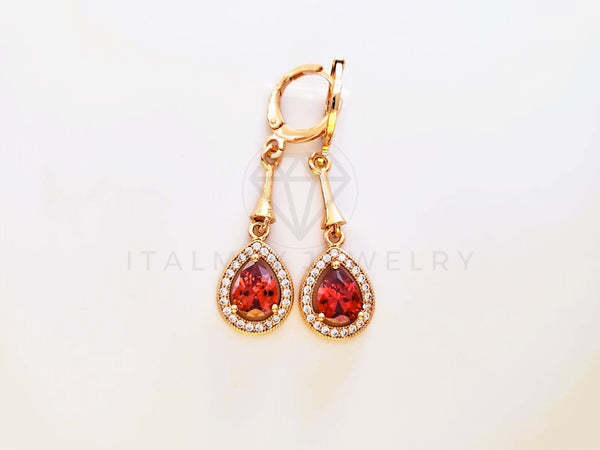 Arete de Lujo - 104034 - Estilo Gota CZ Roja Oro Laminado 18K