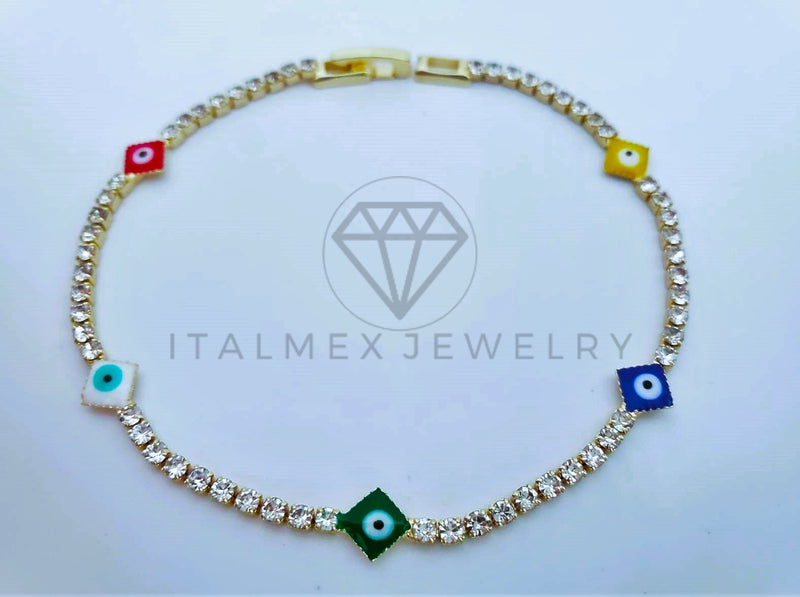 Pulsera Elegante - 103576 - Pulsera Tira CZ Clara y Ojo Turco Colores Oro Laminado 18K