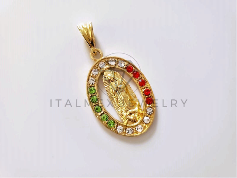 Dije Elegante - 104162 - Medalla Virgen Guadalupe Circonia Tricolor Oro Laminado 18K