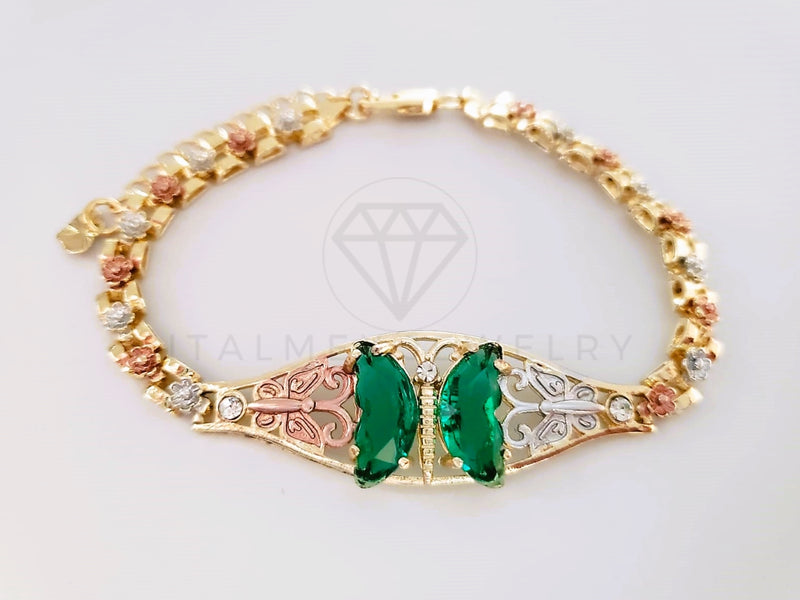 Pulsera Elegante - 103975 - Esclava 3 Oros Mariposa CZ Verde Vivo Oro Laminado 18K