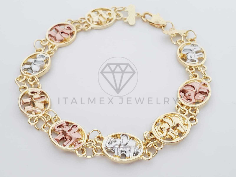 Pulsera de Lujo - 100237 - Diseño de Elefantes Biselados 3 Tonos Oro Laminado 18K