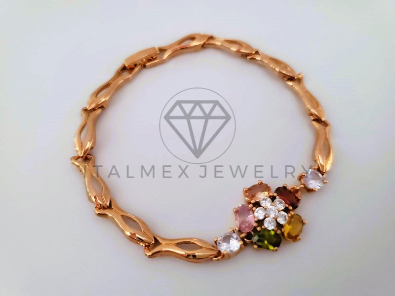 Pulsera de Lujo - 104316 - Diseño Flores CZ Color Oro Laminado 18K