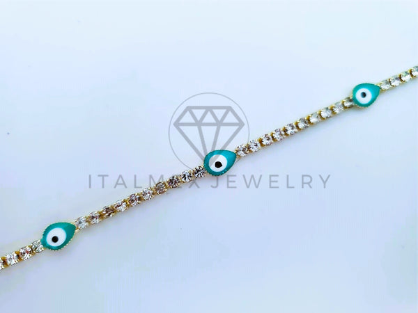 Pulsera Elegante - 103579 - Pulsera Tira CZ Clara y Ojo Turco Azul Oro Laminado 18K