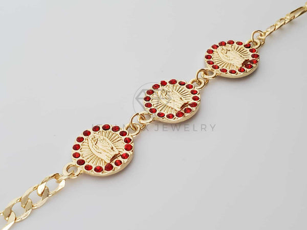 Pulsera Elegante - 100218 - Diseño de Moneda de la Virgen de Guadalupe Con CZ Roja Oro Laminado 18K